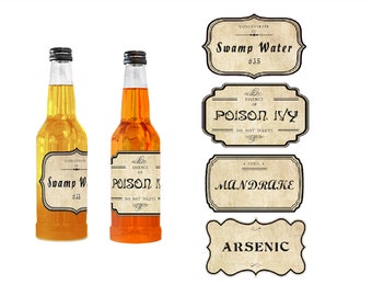 May include: Two glass bottles with labels. The bottle on the left has a label that reads "CONCENTRATE OF Swamp Water #35". The bottle on the right has a label that reads "ESSENCE OF POISON IVY DO NOT DILUTE". There are four other labels in the image that read "CONCENTRATE OF Swamp Water #35", "ESSENCE OF POISON IVY DO NOT DILUTE", "TUXIL MANDRAKE", and "ARSENIC".