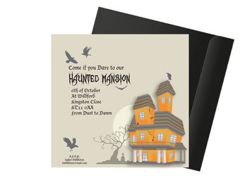 May include: A Halloween party invitation with a cartoon haunted house, bats, and a full moon. The invitation reads "Come if you Dare to our HAUNTED MANSION 6th of October At Wildford Kingston Close AT11 0AA From Dust to Dawn".