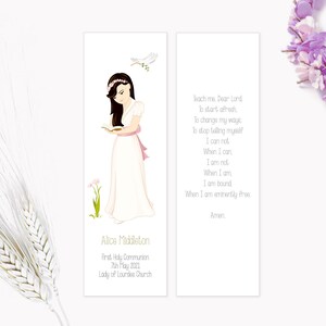 Presente de primeira comunhão - Marcador personalizado para menina - Lembrança - Editar online - PDF, PNG, JPG - Download direto - Menina de cabelo escuro