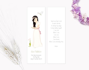May include: A bookmark featuring a girl in a white dress holding a book, with a dove and flowers in the background. The text on the bookmark reads "Teach me, Dear Lord to start afresh to change my ways to stop telling myself I can not When I can I am not When I am I am bound When I am eminently free Amen."