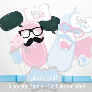 May include: A set of 10 printable photo booth props for a baby shower. The props include a pink and blue baby bottle, a pink and blue pacifier, a pink and blue diaper, a pink and blue bib, a pink and blue hat, a pink and blue mustache, a pink and blue pair of glasses, a pink and blue speech bubble with the text "It's a Girl!" and a blue speech bubble with the text "Little Man!"