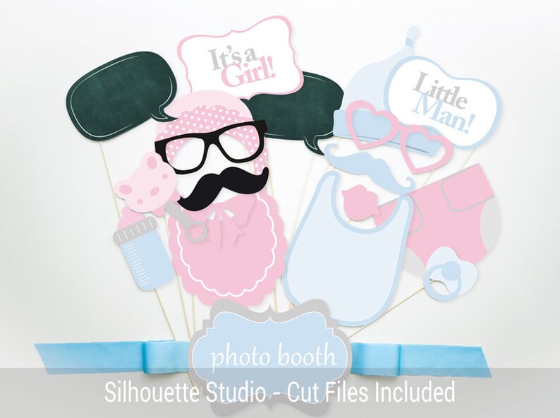 May include: A set of 10 printable photo booth props for a baby shower. The props include a pink and blue baby bottle, a pink and blue pacifier, a pink and blue diaper, a pink and blue bib, a pink and blue hat, a pink and blue mustache, a pink and blue pair of glasses, a pink and blue speech bubble with the text "It's a Girl!" and a blue speech bubble with the text "Little Man!"