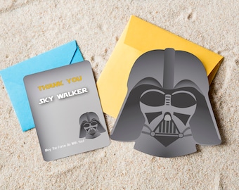 May include: A gray thank you card with the text "Thank You Sky Walker" in gold lettering. The card features a small black and gray Darth Vader illustration and the text "May the Force Be With You".