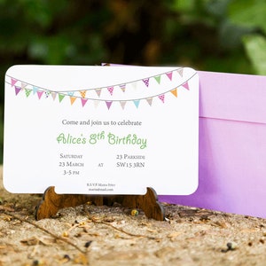 May include: A white invitation card with a colorful bunting design at the top. The text reads "Come and join us to celebrate Alice's 8th Birthday. Saturday 23 March 3-5 PM AT 23 Parkside SW15 3RN. RSVP Maria Smith maria@mail.com"