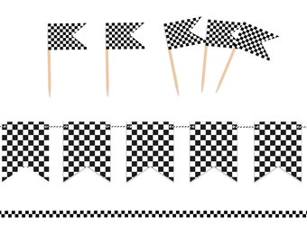 May include: A black and white checkered flag banner with a string of flags and a checkered border. The banner is perfect for a race-themed party.