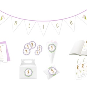 Pacote Festa de Primeira Comunhão - Girl Blond - Banner de festa, cartões comemorativos, etiquetas, marcadores - Decoração de festa - PDF, SVG - Download direto