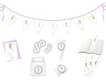 May include: A set of printable party decorations for a First Communion celebration. The set includes a banner with the name "Alice", a card with a girl in a white dress, a bookmark, a favor box, a favor bag, and a cone for holding treats. The decorations feature a girl in a white dress with a floral design.
