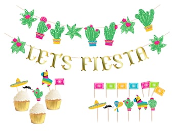 May include: A set of cactus-themed party decorations, including a banner that reads "Let's Fiesta", cupcake toppers with a sombrero, a pinata, and a cactus, and small flags with colorful patterns.