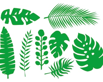 May include: A set of eight green silhouette tropical leaf illustrations. The leaves are in various shapes and sizes, including palm, fern, and monstera.