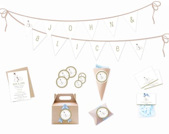 May include: A set of baptism party decorations featuring a white lamb with a cross. The set includes a banner with the names "John & Alice", invitations, favor boxes, favor bags, and stickers.