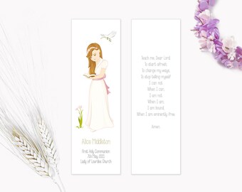 First Communion Gift - Custom Bookmark Girl - Souvenir - Edit Online - PDF, PNG, JPG - Direct download - Blond Girl