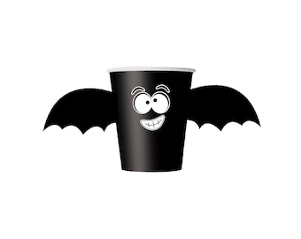 May include: Black paper cup with a bat design and a cartoon face with big eyes and a wide smile.