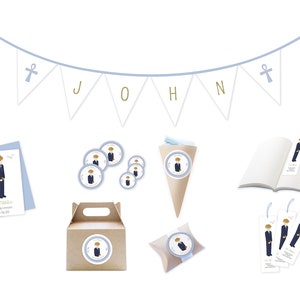 Set de Fiesta Primera Comunión - Niño - Banner Fiesta, Recordatorios, Etiquetas, Marcalibros - Decoración Fiesta -PDF, SVG- Descarga Directa