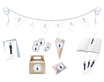 May include: A set of blue and white party decorations for a first communion celebration. The set includes a banner with the name "JOHN", a card, a box, a cone, a favor bag, and bookmarks. The decorations feature a cartoon boy in a blue suit.