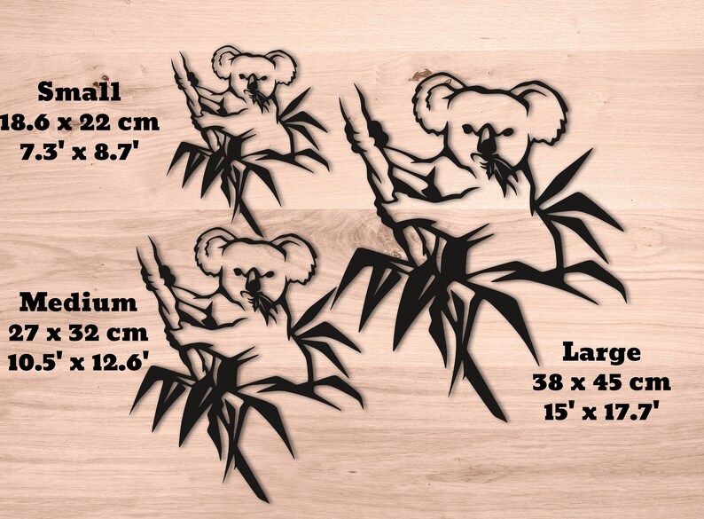 May include: Three black silhouette designs of a koala bear sitting in a bamboo tree. The designs are available in three sizes: small (7.3 inches by 8.7 inches), medium (10.5 inches by 12.6 inches), and large (15 inches by 17.7 inches).