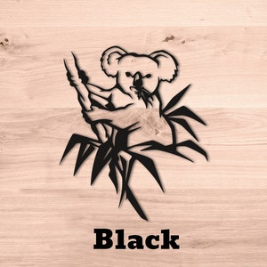May include: Black silhouette of a koala bear sitting in a tree, with the word "Black" printed below the image.