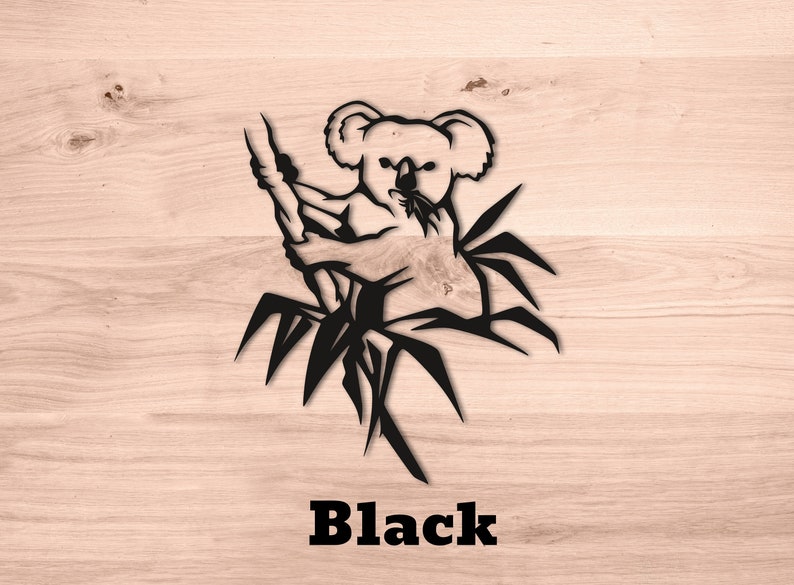 May include: Black silhouette of a koala bear sitting in a tree, with the word "Black" printed below the image.
