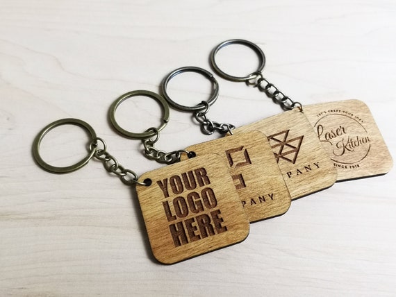 LaserKitchen Pack of 50 Custom Rectangular Keychains with Business Logo, Engraved Keyring with Custom Text, Personalised Wooden Custom Keychain