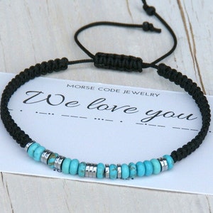 Custom Morse Code Bracelet: Turquoise & Hematite Beads,We love you
