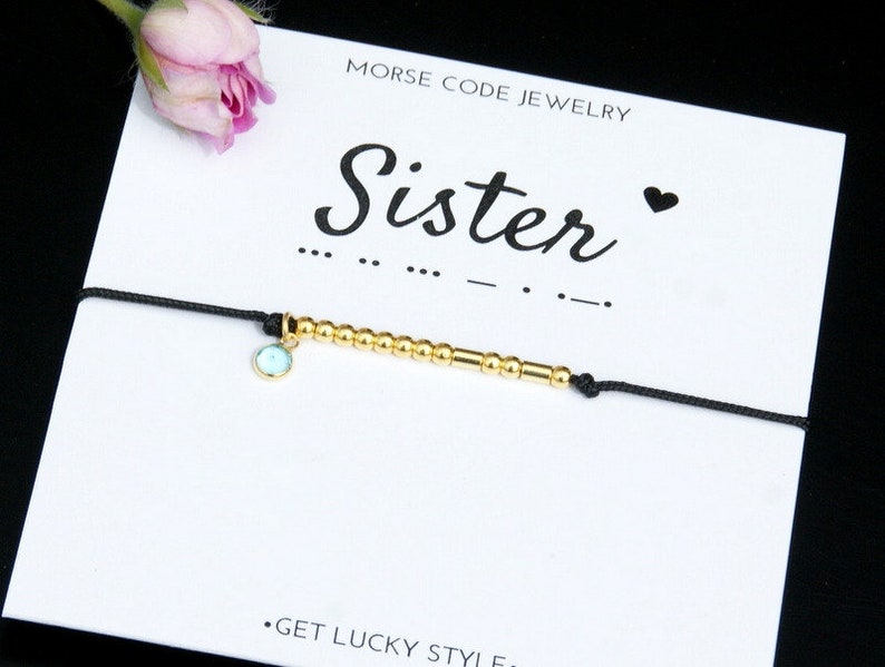 Sister Morse code bracelet,Sister birthday gift, sister bracelet with Birthstone bracelet for Sister Mother's day 925 STERLING SILVER image 2