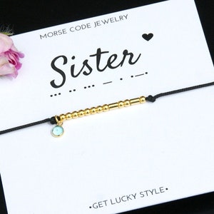 Sister Morse code bracelet,Sister birthday gift, sister bracelet with  Birthstone bracelet for Sister Mother&#39;s day 925 STERLING SILVER