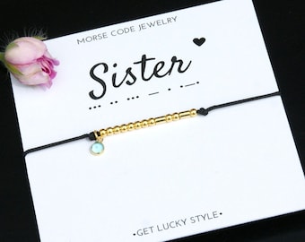 Sister Morse code bracelet,Sister birthday gift, sister bracelet with  Birthstone bracelet for Sister Mother&#39;s day 925 STERLING SILVER