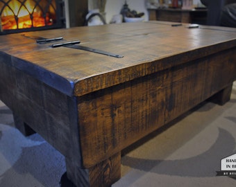 Storage Coffee Table/Wood Chest. Rough Sawn Rustic Pine. 3ft 2 plank lid design.