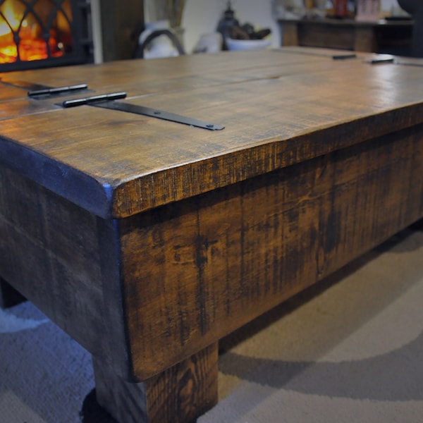 Storage Coffee Table/Wood Chest. Rough Sawn Rustic Pine. 3ft 2 plank lid design.