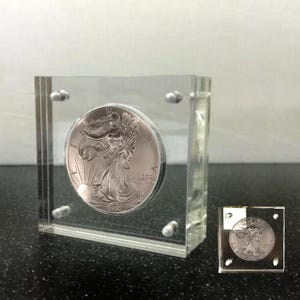 May include: A silver American Eagle coin in a clear acrylic display case. The coin features a profile of Lady Liberty with the year 1996 inscribed on the bottom.