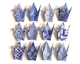 12 Large Blue and White Origami Cranes: Handmade Paper Decoration