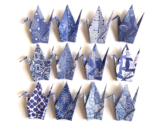12 Large Blue and White Origami Cranes: Handmade Paper Decoration