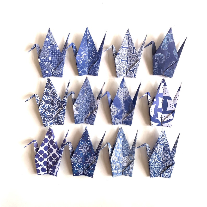 12 Large Origami Cranes-Blue&white paper/ Origami Crane Room Decoration /Origami Cranes immagine 1