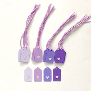 Handmade Metallic Silver Heart Gift Tags with Purple Twine (2.8cmx1.1cm)