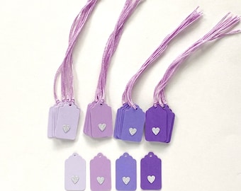 Handmade Metallic Silver Heart Gift Tags with Purple Twine (2.8cmx1.1cm)