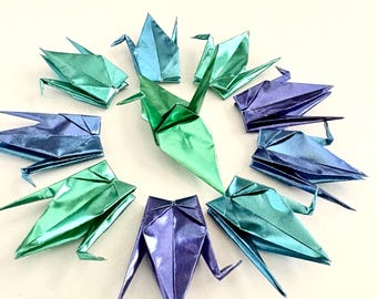 Small Metallic green-blue-purple Mix Origami Cranes, Small Origami Cranes, Origami Cupcake Topper, Room Decor, Tree Ornament