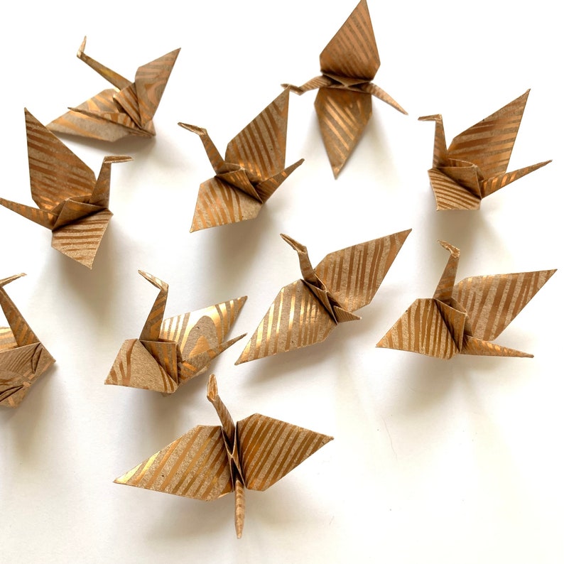 10 Small Origami cranes-Foil finish on Kraft paper/ Origami Crane Cake Toppers/ Cupcake Topper/10 Origami Cranes image 1