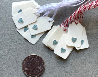 10 Tiny Gift Tags/ Light Blue Glitter Heart Gift Tags/ Handmade Gift Tags/  Small Gift Tags/ Heart Gift Tags/ Mini Gift Tags with Twine