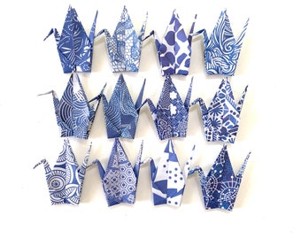 12 Small Origami Cranes: Navy Blue and  White Origami Paper
