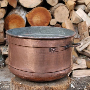 Antique copper pot, large rustic cauldron, planter, hand-crafted restored container