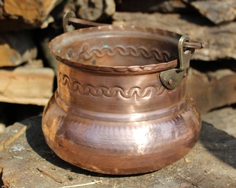 Copper pot with handle flowerpot simple greek fret handmade