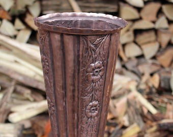 Tall Round Heavy Conical Copper Vase with Handmade Flowers