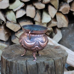 Puede incluir: Un pequeño caldero de cobre con detalles decorativos y tres patas. El caldero está sentado sobre un tronco de árbol.