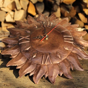 Copper clock, sun, round with handmade Roman numerals