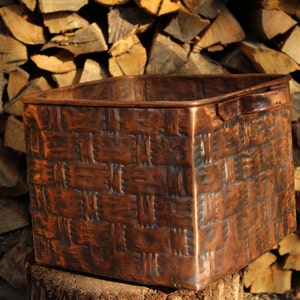 Handmade Metal Firewood Basket with Copper Handles – Rustic Modern Log Holder – Square Metal Container for Fireplace, Plants or Home Storage image 3