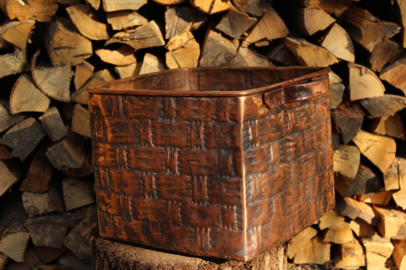 Handmade Metal Firewood Basket with Copper Handles – Rustic Modern Log Holder – Square Metal Container for Fireplace, Plants or Home Storage image 3