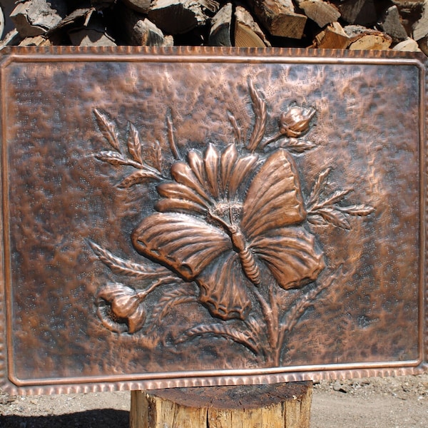 Cuadro artístico de cobre con mariposa, decoración de interiores, gran panel hecho a mano