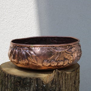 Vaso de cobre, centro de mesa artesanal com motivo de frutas, planta de interior e suporte para vaso de flores