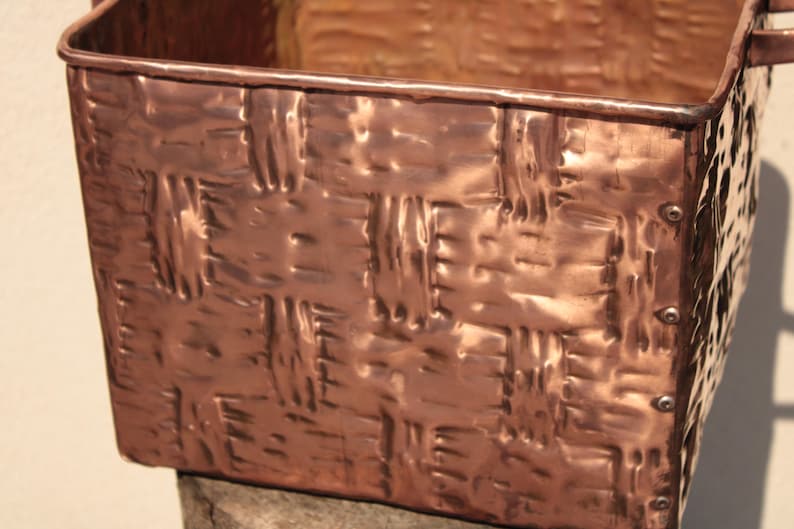 Handmade Metal Firewood Basket with Copper Handles – Rustic Modern Log Holder – Square Metal Container for Fireplace, Plants or Home Storage image 7
