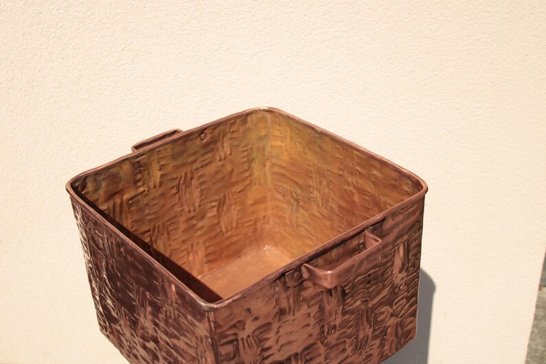 Handmade Metal Firewood Basket with Copper Handles – Rustic Modern Log Holder – Square Metal Container for Fireplace, Plants or Home Storage image 5