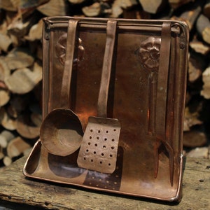 Handmade Copper Kitchen Holder with Ladle, Kitchen Shovel and Carving Fork